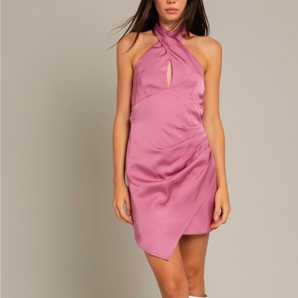 Pink Satin Halter Dress